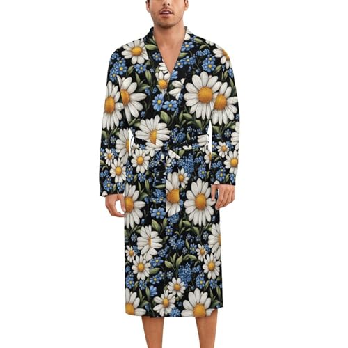 Robe de nuit en soie kimono léger imprimé marguerites bleues et blanches pour homme et femme