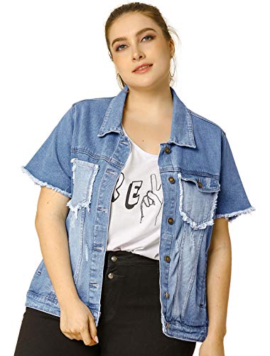 Agnes Orinda Women's Plus Size Jacket Lapel Short Raw Sleeves with Pockets Denim Jackets 4X Light Blue