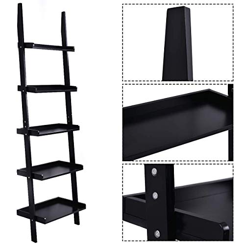 image for TANGKULA Ladder Bookcase 5-Tier Wood Leaning Shelf Wall Plant Shelf La
