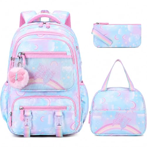 3PCS Rainbow Butterfly Girls Backpacks with Lunch Bag & Pencil Pouch