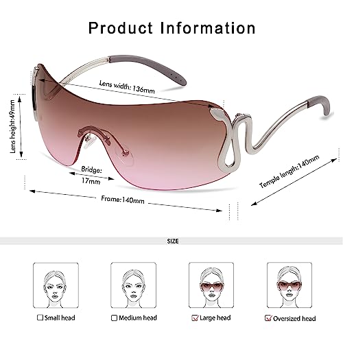 Rimless Y2k Sunglasses for Women Men Trendy Oversized Wrap Around Snake Shades AP3652
