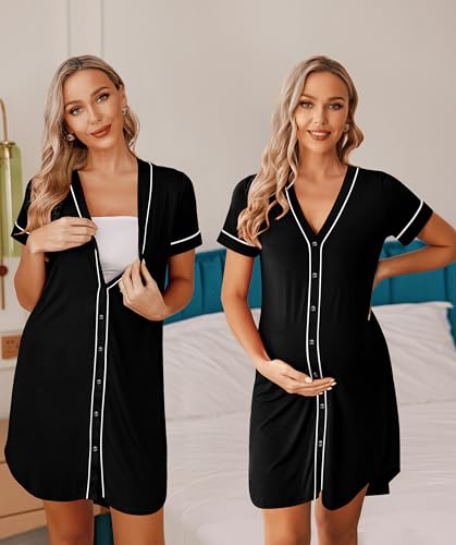 Image of Ekouaer Womens Nightgown Button Down Sleep Shirts Short Sleeve Nightshirt V-Neck Sleepdress Soft Sleepwer