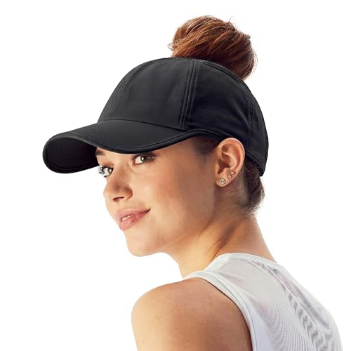 Ponyflo Active Solid Feather Light TopBun Hat Patented Womens High Bun & Ponytail Baseball Cap Lightweight Running Hat Black