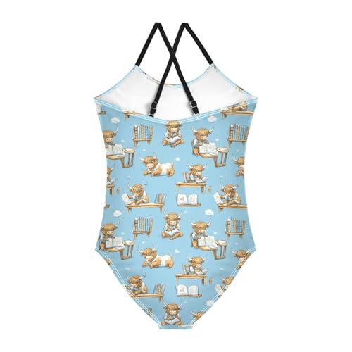 senya Girls Swimsuits One-Piece Swimwear Tie Bathing Suit Beach Summer Round Neck 9-10T Highland Cattle Reading Book Pattern2