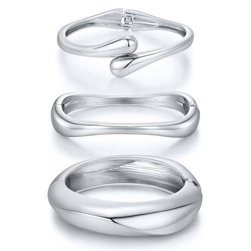3Pcs Chunky Silver Bangle Bracelets for Women Trendy 14K Silver