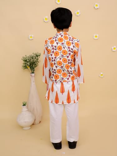 Image of The Mom Store Boys Printed Cotton Kurta Pajama Set With Jacket | Soft And Comfortable Ethnic Wear For Baby /Kids Boys | Full Sleeves Kurta Pyjama Set | Traditional Indian Outfit