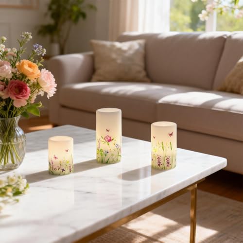 Image of Butterfly Spring Flameless Candles with 6 Hour Timer Real Wax Battery Operated LED Flickering Pillar Candles Dinner Holiday Home Decor(3 Pack, 3 inch D x 4 inch, 5 inch, 6 inch H)