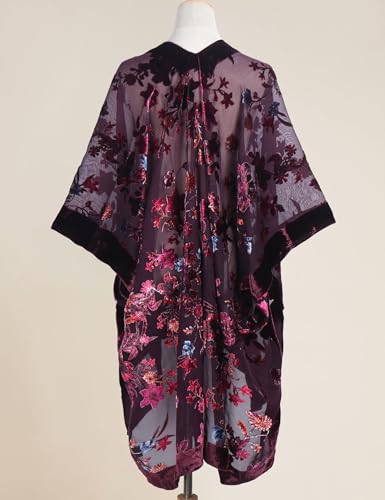 Image of Women's Burnout Velvet Kimono Long Cardigan Cover Up Casual Outfit