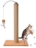 Odoland Cat Scratching Post, Claw Scratcher for Indoor Cats with Rotatable Hanging Toy & Spring Ball, Natural Cork & Cardboard Blend, Heavy Base 65cm Vertical Full Scratcher for Kitten Medium Cats