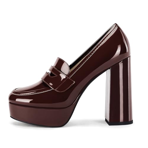 Image of Coutgo Womens Platform Heels Loafers Chunky High Heel Closed Toe Patent Leather Shoes Penny Loafer Business Dress Work Pumps