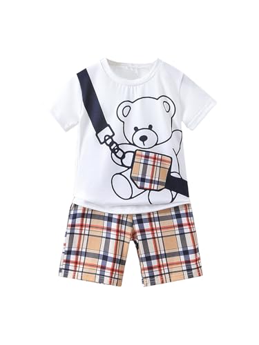 Image of KIDLAGA Kids Toddler Boy Clothes Outfits Bear Print Tee + Plaid Shorts 2 Pieces Summer Shorts Set