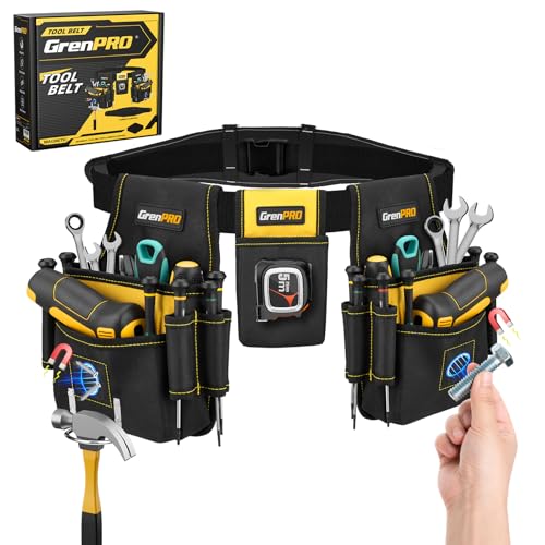 GRENPRO Magnetic Tool Belt with Back Support, 29 Pocket Utility Tool Belt with 4 D-Rings & 6 Magnets, Adjustable Waist Holder for Construction Worker Handyman Electrician Carpenter Mechanic Gifts