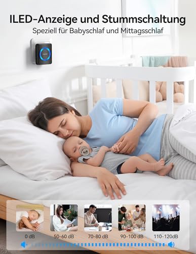 TECKNET Funkklingel, IP65 Funk klingel Aussen Wasserdicht, Kabellose Türklingel Set 600M Reichweite, Haustür Klingel kit mit 1 Plug-In-Empfänger und 2 Sender, 60 Melodien doorbell Mit LED-Blitz