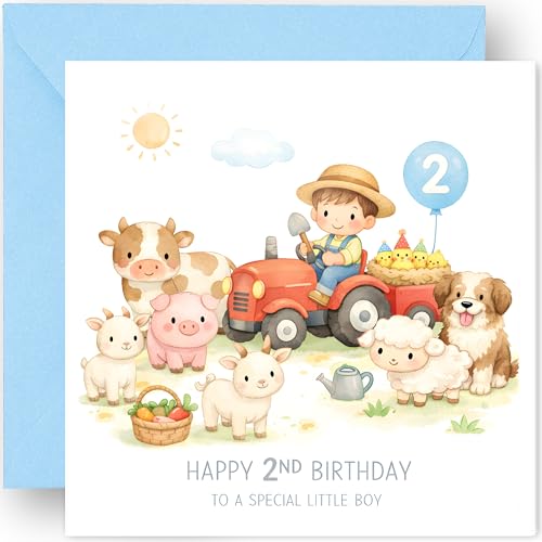 2nd Birthday Card Gift for Boys - Two Today 2 Years Old - Tractor Farm Animals Design - Happy Second Birthday Greeting Card for Son Grandson Nephew Toddler - Includes Blue Envelope 14cm