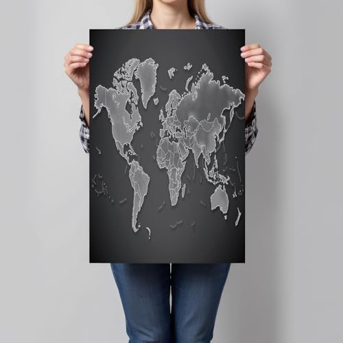 Carte du monde grise 80x120 cm sans cadre poster deco salle de bain