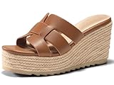 Coutgo Women's Wedge Sandals Platform Espadrille Heels Open Toe Strappy Slip On Casual Summer Slide Shoes, Brown, Size 7.5