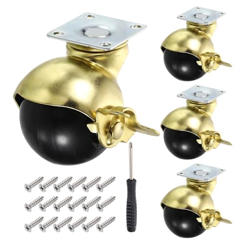 Roulettes pivotantes de 5,1 cm dorées avec frein et plaque supérieure pour meuble, lot de 4