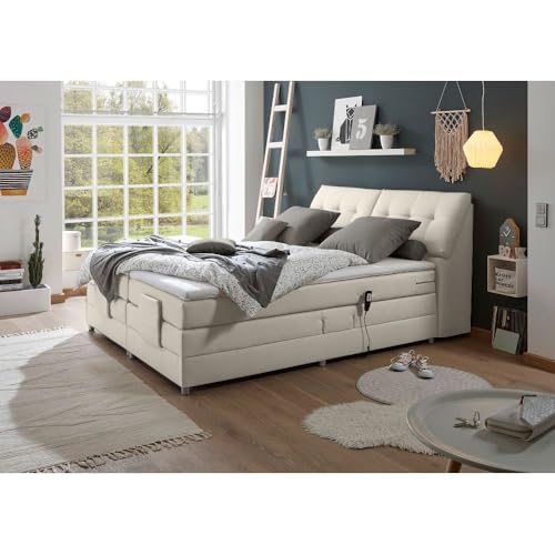LOMADO® Boxspringbett 180 x 200 cm Hotelbett Doppelbett, Ivory Creme, elektr. verstellbar, Kopfteil aufklappbar, 7-Zonen TFK-Matratze H2, Visco-Topper
