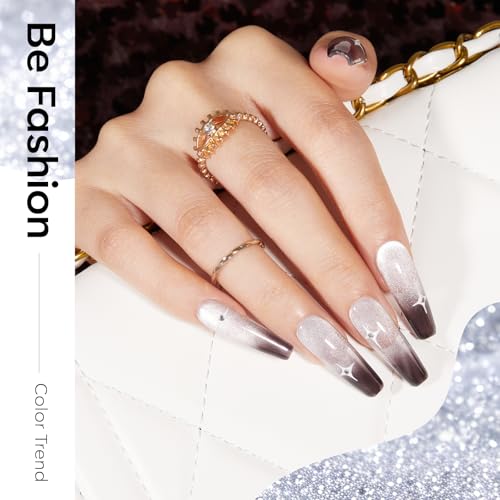 Image of modelones Gel Nail Polish Set with French Tip and heart cat eye magnet, 6 Colors Jelly Sheer Black White Cat Eye Silver Blue Purple Glitter Gel Polish Kit Soak Off UV Salon DIY at Home Gift for Women