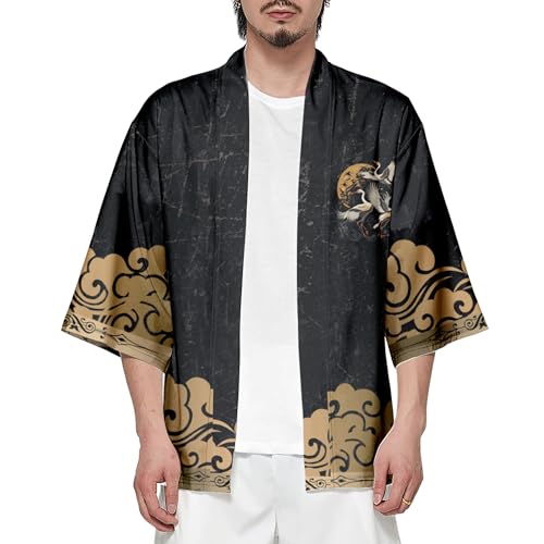 Image of DOSLAVIDA Men's Japanese Kimono Cardigan Suit Chinese Style Printed Jacket Pants Set Open Front Seven Sleeve Top & Shorts