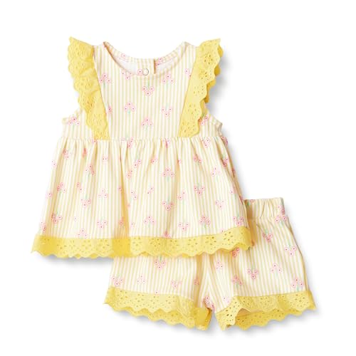 Amazon Essentials X Sofia Grainge Baby Girls' Baby Girls' Short & Top Cotton Play Set, Light Yellow Stripe Floral, 0-3 Months - image 1