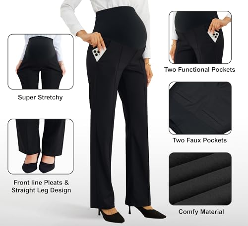 Image of PACBREEZE Women's Maternity Pants for Work Over-Bump Pregnancy Casual Stretchy Straight Dress Pants with Pockets