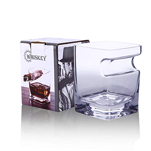 Jiaan Cigar Whiskey Glass - Old Fashioned Glass with Indented Cigar Rest，Handmade from Lead Free Crystal Glass，Crystal Clear Father's Day Gift (Square)