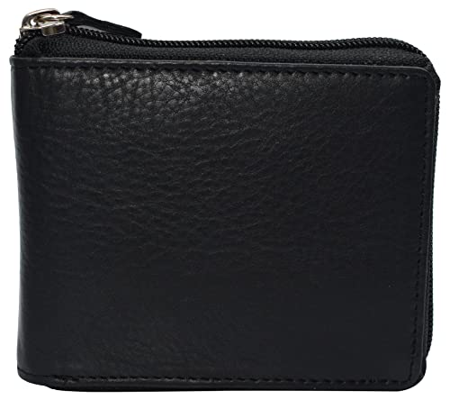MARSHAL RFID Blocking Mens Zip Around Wallet Cowhide Leather Zipper Bifold (Black)