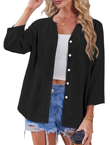 Image of OFEEFAN Button Down Shirts for Women 3 /4 Length Sleeve Tops V Neck Blouses Business Casual Outfits Loose Fit