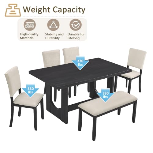 Image of LUMISOL 6 Piece Farmhouse Dining Table Set, Solid Wood Dining Table with 4 Upholstered Chairs and Bench, U-Shaped Base Kitchen Set for Dining Room, Kitchen, Antique Black + Beige