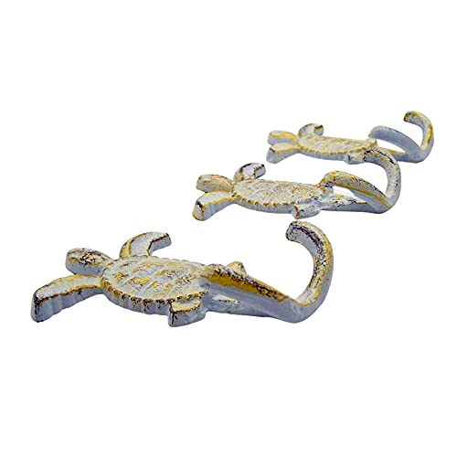 Wowser Distressed White Sea Turtle Cast Iron Wall Hook, Yellow Accents, Wall Décor, Set of 3, 4 3/4 Inch - Image 5