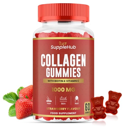 Marine Collagen Gummies 1000mg - Hydrolysed Collagen Peptides with Biotin & Vitamin C - Collagen Supplements for Women & Men - Skin, Hair, Nails & Joint - Strawberry Flavour - 60 Gummies/Bottle