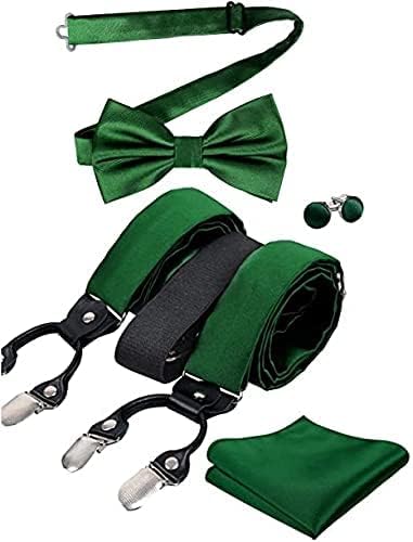 Alizeal Mens Solid Color 6 Clips Bow Tie and Braces, Handkerchief, Cufflinks Set-Black