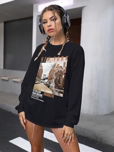 Image of CHKOKKO Oversized Round Neck Drop Shoulder Printed Polyester Full Sleeves T-Shirt for Women