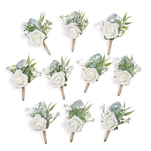 YSUCAU Rose Boutonnieres for Men Wedding Groom and Groomsmen White Boutonniere for Rustic Fall Vintage Wedding Prom Set of 10