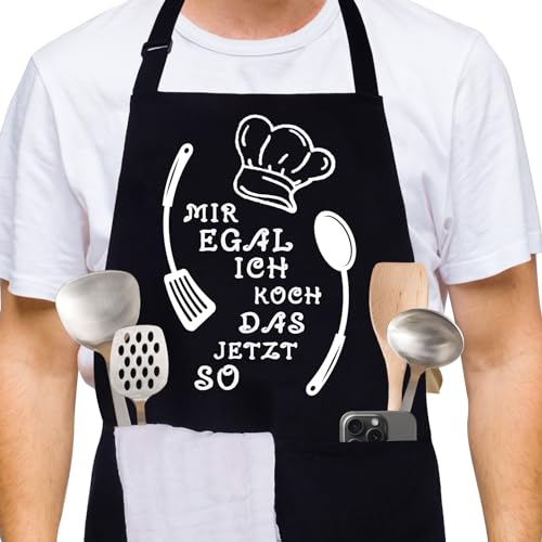 FUKPO Kochschürze Herren Damen Schwarz, Baumwolle Grillschürze für Männer Lustige Schürze Mann Frauen mit Taschen, Verstellbar Küchenschürze Herren Personalisiert Schürzen Lustig Geschenke
