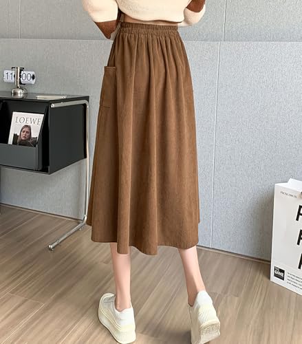 chouyatou Women's Elastic Waist Corduroy Skirts Vintage Frill A-Line Pocket Corduroy Midi Long Skirt3