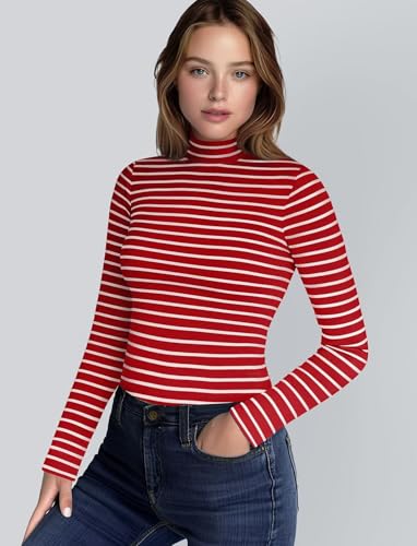 Zengjo Striped Turtleneck Women Long Sleeve Shirt - Fitted Ribbed Mock Neck Basic Layering Undershirt2