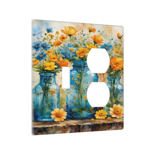 Decorative Outlet Covers Rustic Yellow Flowers Floral Blue Bottles 2 Gang Wall Plate Cover Single Toggle Duplex Combo Two Switch Light Switch Cover Plate Jumbo Dual GFCI Faceplate