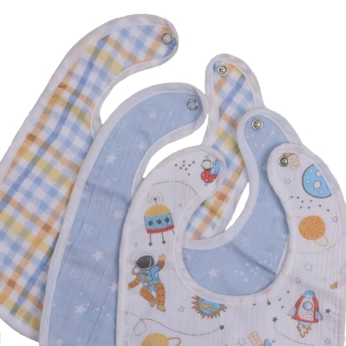 Image of abracadabra Muslin Bibs with Adjustable Snap Button Closure, Super Absorbent, Soft, Comfortable & Lightweight, Set of 3 - Rocketman
