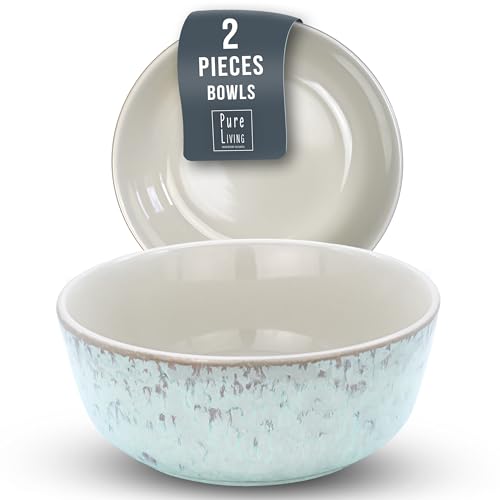 Image of Stoneware cereal bowls set 2 pcs – 27 oz light beige & blue large soup & pasta bowls 5.5" – Dishwasher and microwave safe – Modern kitchen bowl set – Dinner service Pure Living Interior Design