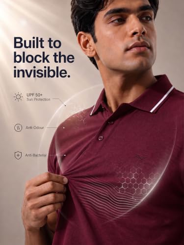 Image of NOBERO Men's Travel Polo T-Shirt | Premium Cotton Stretch Fabric | Anti-Odor & Water-Repellent | UPF 50+ Sun Protection | Regular Fit Polo Collar Casual Wear