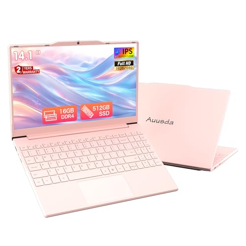 Auusda 14.1 Student Laptop | N-Series 4-Core up to 2.9GHz | 16GB DDR4 RAM 512GB SSD | FHD IPS Screen | Lightweight 1.3kg | Long Battery Life | UK Layout Keyboard Film | Pink