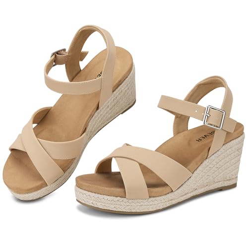 SHIBEVER Dressy Wedge Sandals for Women: Nude Espadrille Summer Casual Platform Arch Support Comfortable Walking Rubber Wedges Womens Sandal Outdoor Shoes Size 9 by SHIBEVER - Used condition - Image 5