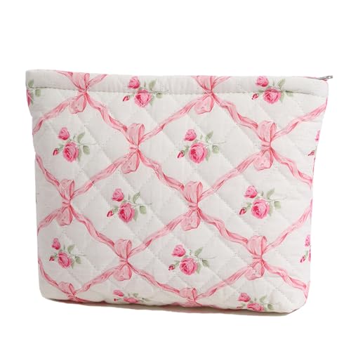 FITINI Makeup Bag Travel Large Portable Quilted Floral Print Cosmetic Organizer Cute Pouch for Women Soft Cotton Zipper Waterproof Toiletry Storage Bags,Pink