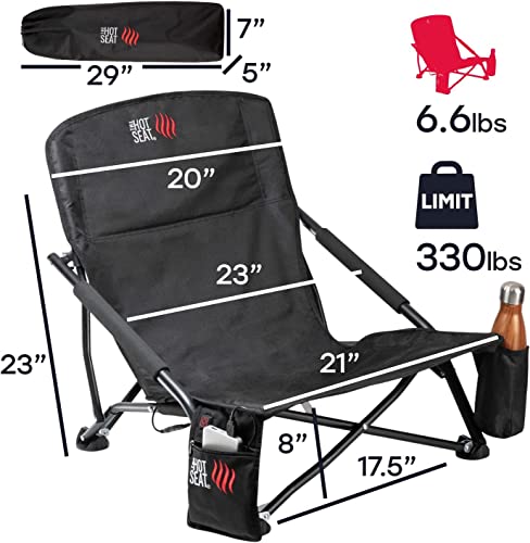 Pop The Hot Seat, Heated Lightweight Folding Low Beach Chair, 2 Zipper Pockets, Padded Armrests, Portable With Carry Bag, Perfect For Camping, Beach, Soccer And Lawns. (Battery Not Included) #TOP5