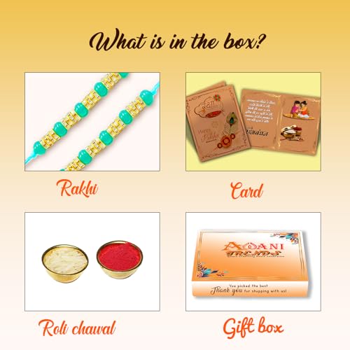 Image of Rakhi For Brother | Elegant Kundan Gold Plated Metal Rakhis For Brother Bhai Rakhi With Roli Chawal and Greeting Card (Set of 2 Rakhis)
