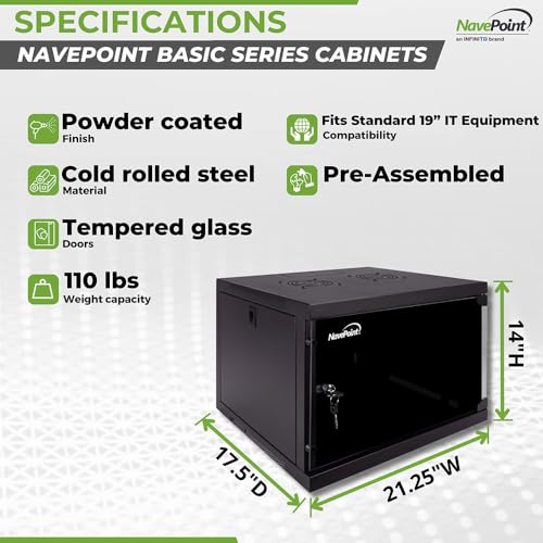 Image of NavePoint 6U Wall Mount Network Cabinet for 19 inch IT Equipment with Lockable Glass Door & Removable Side Panels, 2 Fans, 17.7 inch Deep, Pre-Assembled