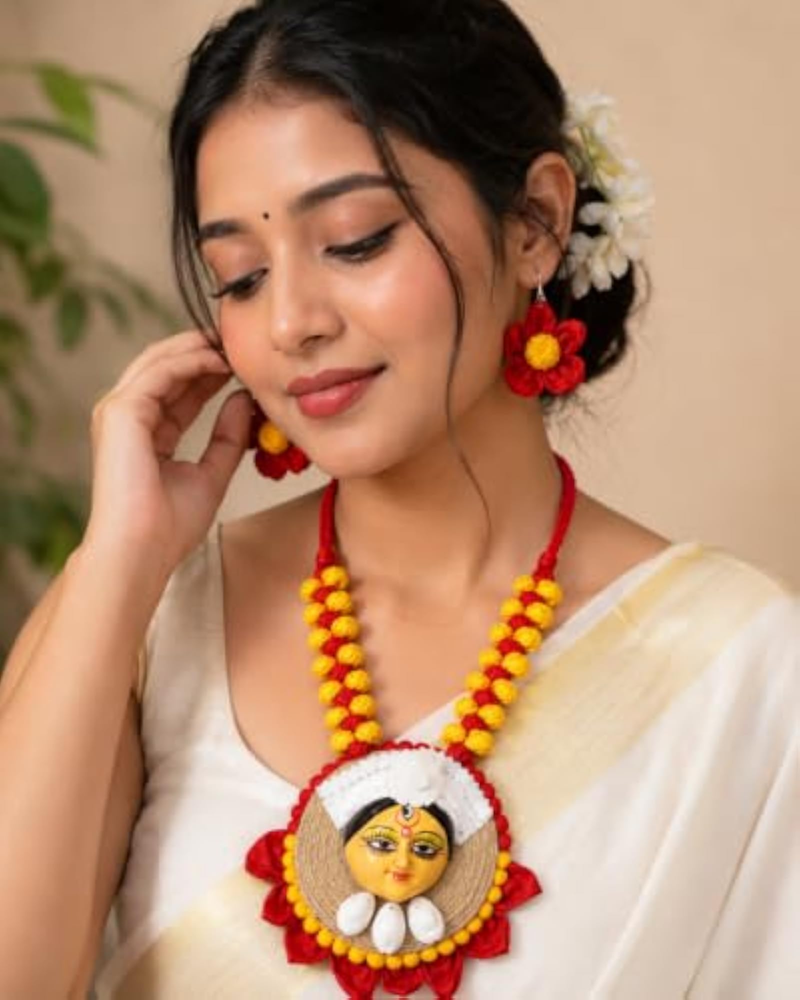Handmade Yellow Red Mata Durga Necklace Set for Women