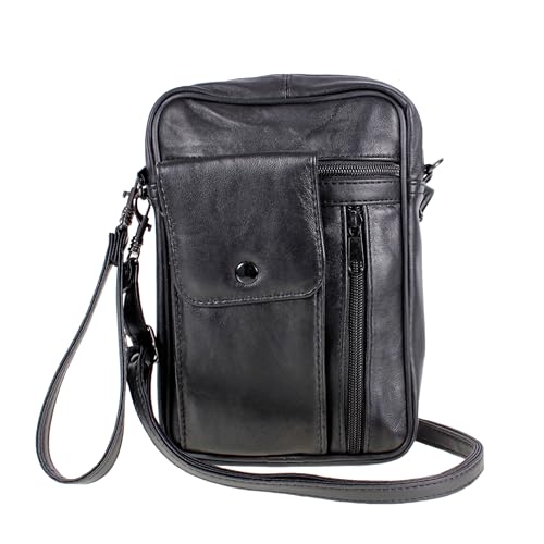 Bolso de hombre de cuero negro pequeño con acabados elegantes y correas